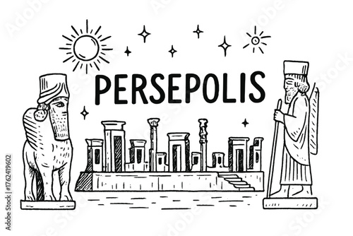 Persepolis Ruins Artwork. Hand-drawn persepolis ruins with suns, statues, and sparkles, center word “Persepolis” in black and