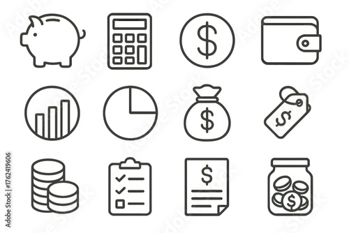 Financial Literacy Icons. Line style round icons of financial literacy: piggy bank, calculator, dollar sign, wallet icon; bar