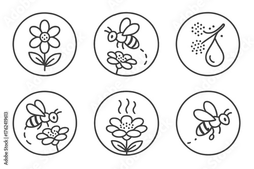 Pollination Icons. Line style round icons of pollination process: flower, bee, pollen, nectar; landing, transfer, bloom, buzz;