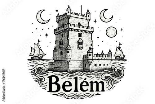 Belem Tower Artistry. Hand-drawn belem tower with moons, ships, and waves, center word “Belem” in black and white isolated