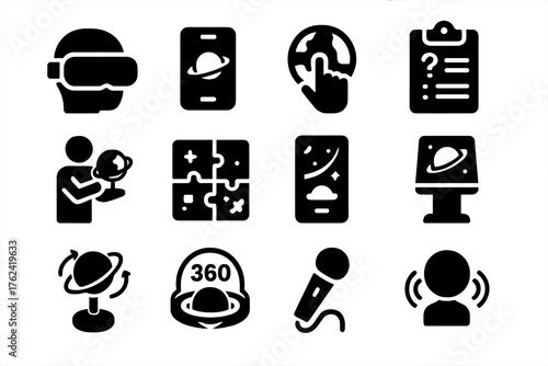 Interactive Planetarium Icons. Solid style icons of Interactive planetarium experiences: VR headset, app icon, touch globe, quiz