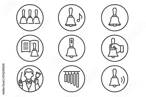 Handbell Icon Set. Line style round icons of handbell: choir, note, ring, harmony; bell handle, music sheet, wrist strap, gloved