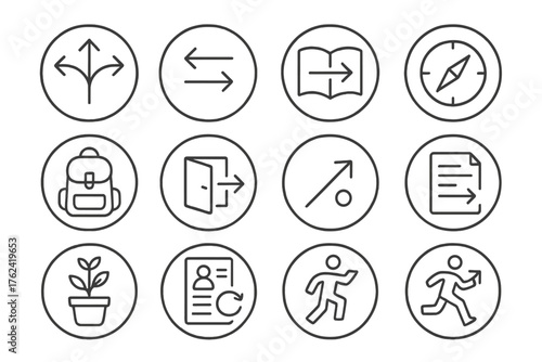 Career Transition Icons. Line style round icons of career transitions: crossroad path, switch icon, next step arrow, backpack icon
