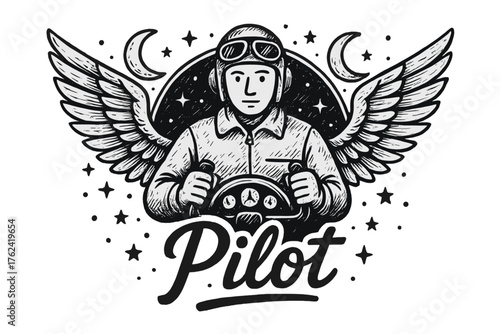 Pilot Cockpit Illustration. Hand-drawn cockpit pilot with moons, wings, and controls, center word “Pilot” in black and white