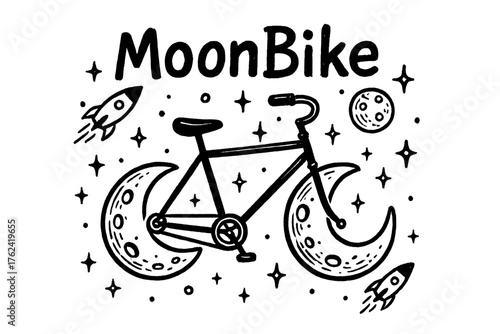 MoonBike Dreamscape. Hand-drawn moon bike with moons, rockets, and sparkles, center word “MoonBike” in black and white isolated