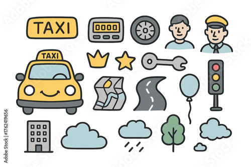 Taxi Doodle Icons. Taxi doodle icon set: hand drawn icons of cab with smile, taxi sign, meter, wheel, passenger, driver, map, road