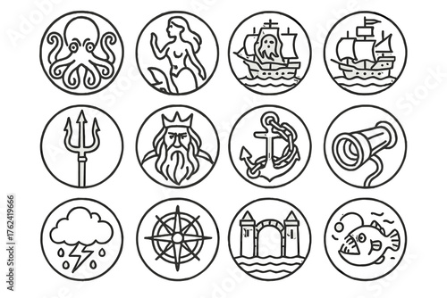Nautical Myth Icons. Line style round icons of nautical mythology: kraken, siren, ghost ship, cursed chest; trident, sea god,