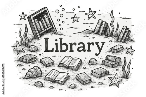 Sunken Library Scene. Hand-drawn sunken library with books, shells, and stars, center word “Library” in black and white isolated