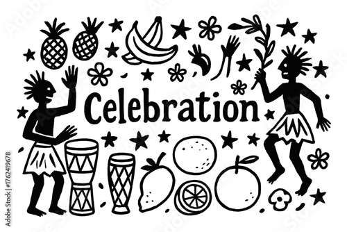 Tribal Festivity Art. Hand-drawn tribal celebration with stars, drums, and fruits, center word “Celebration” in black and white