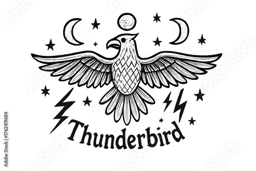 Thunderbird with Celestial Elements. Hand-drawn thunderbird with moons, lightning, and stars, center word “Thunderbird” in black