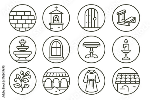 Monastery Icon Set. Line style round icons of monastery setting: stone wall, bell tower, wooden door, prayer bench; fountain,