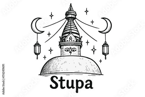 Swayambhunath Stupa Art. Hand-drawn swayambhunath stupa with moons, lanterns, and sparkles, center word “Stupa” in black and white