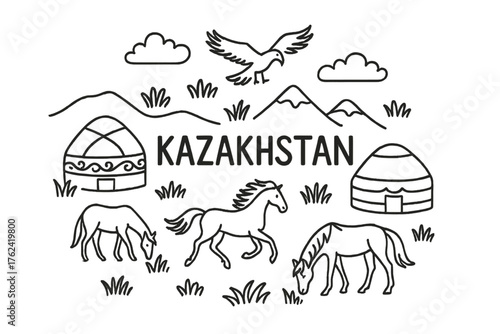 Kazakhstan Steppe Doodle. Doodle kazakh steppe with horses, yurts, and eagles, center word “Kazakhstan” in black and white