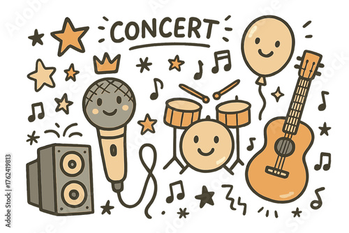 Concert Doodle Fun. Concert fun illustration doodle style: hand drawn microphone with smile, crown, star, balloon, guitar, drums,