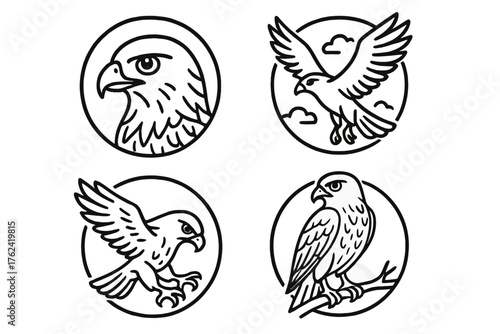 Hawk Icon Set. Line style round icons of hawk: predator, eyesight, soaring, hunt; sharp beak, talons, spread wings, perched pose;