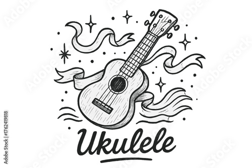 Whimsical Ukulele Design. Hand-drawn ukulele with ribbons, sparkles, and waves, center word “Ukulele” in black and white isolated