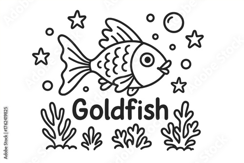 Goldfish Doodle Art. Doodle goldfish with stars, bubbles, and corals, center word “Goldfish” in black and white isolated