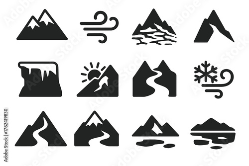 Arctic Alpine Icons. Solid style icons of Arctic and Alpine Zones: snow-capped peaks, arctic wind, frozen terrain, summit ridge,