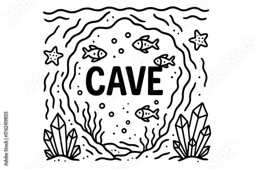 Underwater Crystal Cave. Doodle underwater cave with crystals, fish, and sea stars, center word “Cave” in black and white isolated