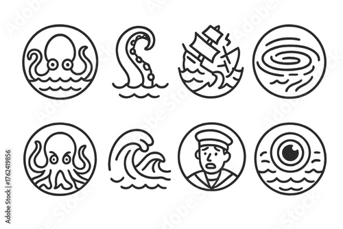 Kraken Line Art Icons. Line style round icons of kraken: myth, tentacle, ship, ocean; giant eye, curling limb, broken mast,