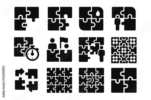 Solid Puzzle Icons. Solid style icons of Puzzle Challenges: missing piece, difficult corner, similar color pieces, time challenge,