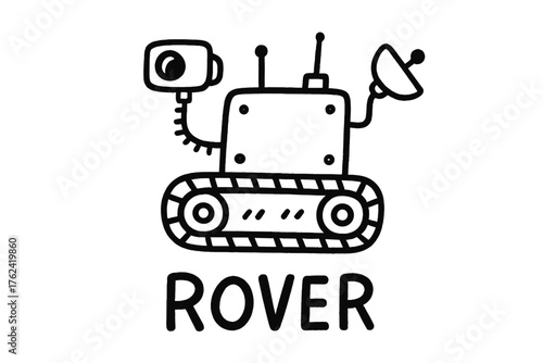Doodle Cosmic Rover. Doodle cosmic rover with wheels, cameras, and tracks, center word “Rover” in black and white isolated