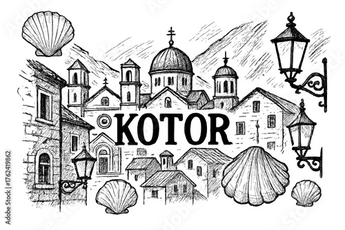 Kotor Old Town Art. Hand-drawn kotor old town with lanterns, domes, and seashells, center word “Kotor” in black and white isolated