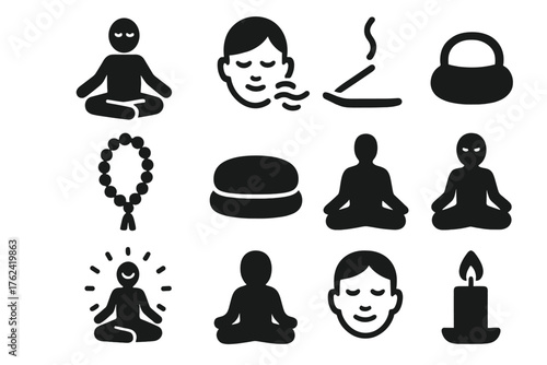 Meditation Icons Collection. Solid style icons of Meditation Practice: cross-legged posture, closed eyes, breathing symbol,