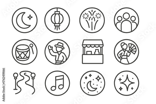 Night Festival Icons. Line style round icons of night festivals: moon, lantern, fireworks, crowd; celebration drum, performer,