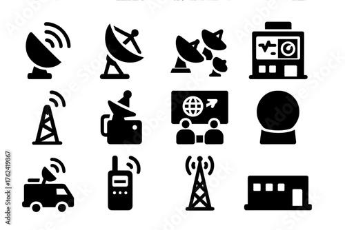 Ground Communication Icons. Solid style icons of Ground Communication: ground antenna, tracking dish, satellite dish farm, control