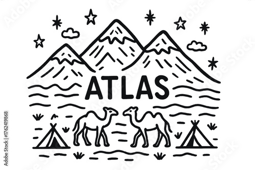 Atlas Mountains Doodle. Doodle atlas mountains with camels, stars, and tents, center word “Atlas” in black and white isolated