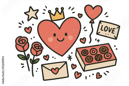 Valentine Doodle Art. Valentine’s day illustration doodle style: hand drawn heart with smile, crown, star, balloon, roses,