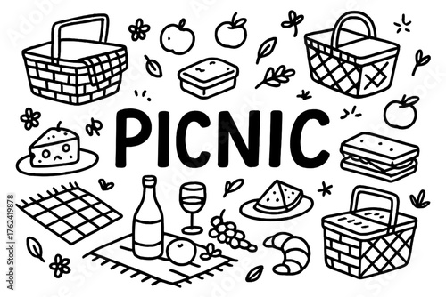Doodle Picnic Scene. Doodle outdoor picnic with baskets, food, and blankets, center word “Picnic” in black and white isolated