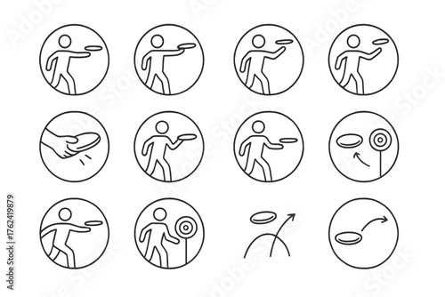 Ultimate Frisbee Techniques Icons. Line style round icons of throwing techniques: backhand, forehand, hammer, scoober; release