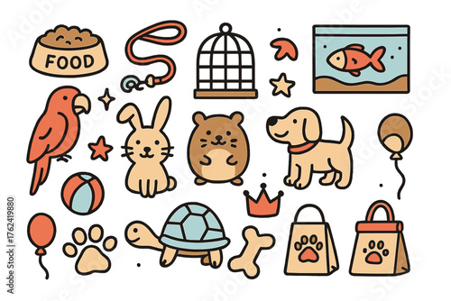 Pet Shop Doodles. Pet shop doodle icon set: hand drawn icons of food bowl, leash, cage, fish tank, parrot, rabbit, hamster, dog,