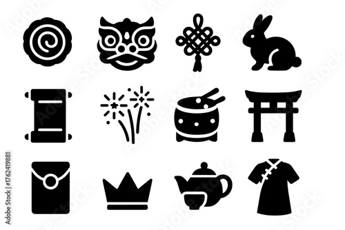 Cultural Icon Set. Solid style icons of Cultural and seasonal themes: mooncake, dragon mask, lucky charm, zodiac symbol, fortune
