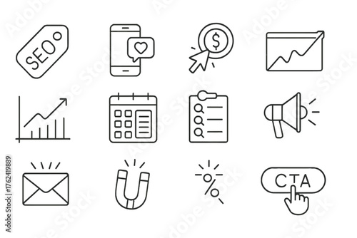 Digital Marketing Icons. Line style round icons of digital marketing: SEO tag, social media icon, pay-per-click, website traffic;
