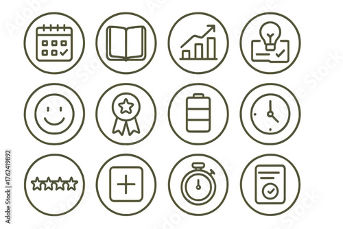 Line Style Reflection Icons. Line style round icons of review and reflection: weekly recap, journal icon, stats chart, lessons