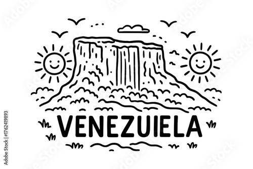 Venezuelan Tepui Doodle. Doodle venezuelan tepui with waterfalls, birds, and suns, center word “Venezuela” in black and white