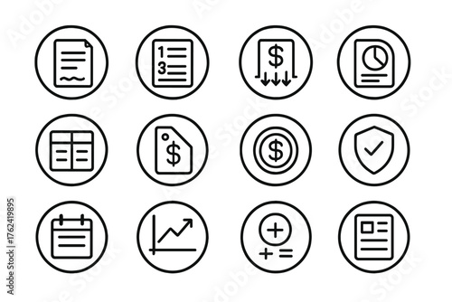 Financial Icon Set. Line style round icons of financial statements: income statement, balance sheet icon, cash flow report, P&L