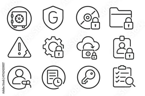 Data Protection Icons. Line style round icons of data protection: data vault, GDPR shield, encrypted disk, folder lock; data