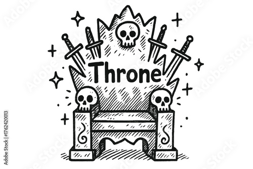 Obsidian Throne Doodle. Doodle obsidian throne with skulls, swords, and stars, center word “Throne” in black and white isolated