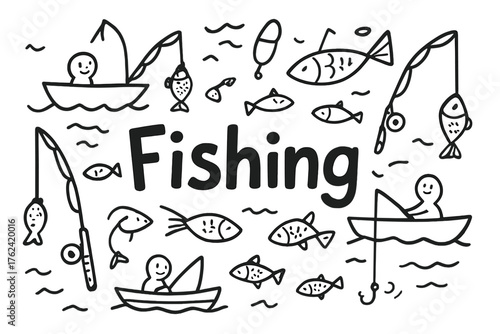 Fishing Doodle Art. Doodle fishing trip with rods, fish, and boats, center word “Fishing” in black and white isolated transparent