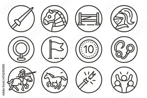 Jousting Tournament Icons. Line style round icons of jousting and tournaments: lance, horse armor, tilt barrier, helmet plume;