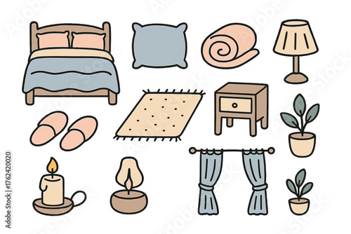 Cozy Bedroom Icons. Bedroom cozy doodle icon set: hand drawn icons of bed, pillow, blanket, lamp, slippers, rug, nightstand,