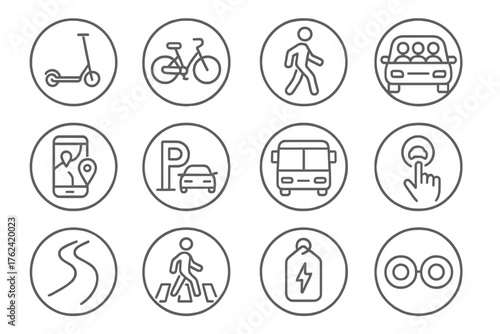 Urban Mobility Icons. Line style round icons of urban mobility: e-scooter, bike share, pedestrian lane, carpool icon; mobility app