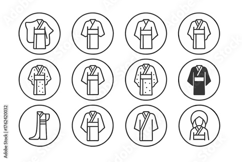 Kimono Styles Icons. Line style round icons of kimono types: furisode, tomesode, yukata, houmongi; komon, iromuji, uchikake,