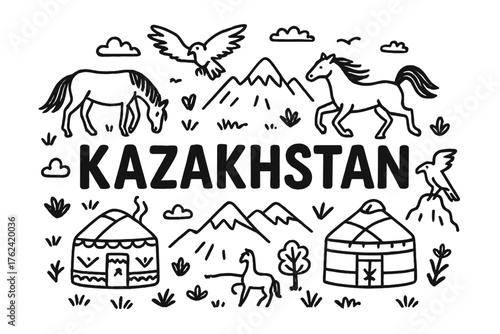 Kazakhstan Steppe Doodle. Doodle kazakh steppe with horses, yurts, and eagles, center word “Kazakhstan” in black and white