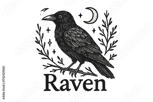 Raven and Moons. Hand-drawn raven with moons, branches, and sparkles, center word “Raven” in black and white isolated transparent