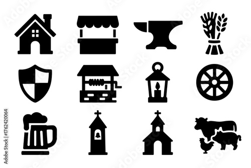 Medieval Village Icons. Solid style icons of Medieval Village: Wooden House, Market Stall, Blacksmith Anvil, Wheat Bundle, Shield,